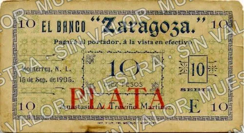 .12 $1 Banco "Zaragoza" (M738), anverso (M738.4b $10 Banco "Zaragoza")
