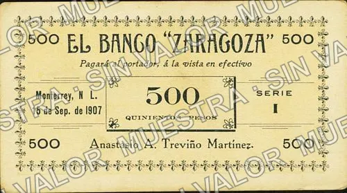 .12 $1 Banco "Zaragoza" (M738), anverso (M738.8b $500 Banco "Zaragoza")