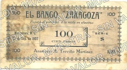 .12 $1 Banco "Zaragoza" (M738), anverso (M738.7b $100 Banco "Zaragoza")