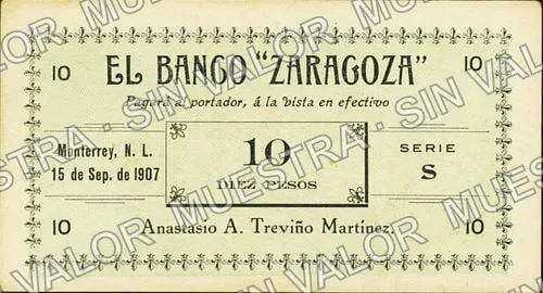 .12 $1 Banco "Zaragoza" (M738), anverso (M738.4b $10 Banco "Zaragoza")