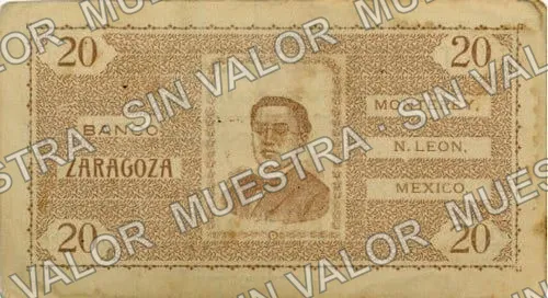 .12 $1 Banco "Zaragoza" (M738), reverso (M738.5a $20 Banco "Zaragoza")