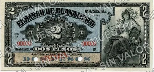 2 pesos, Banco de Guanajuato (M349), M349s $2 specimen, anverso