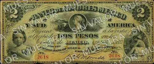 2 pesos, Banco de Londres, México y Sud América (M251), M251a $2 Banco de Londres, México y Sud América, anverso