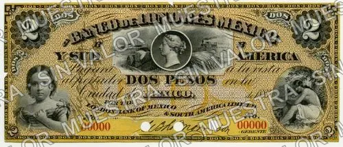 2 pesos, Banco de Londres, México y Sud América (M251), M251s $2 Banco de Londres, México y Sud América specimen, anverso