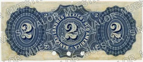 2 pesos, Banco de Londres, México y Sud América (M251), M251s $2 Banco de Londres, México y Sud América specimen, reverso