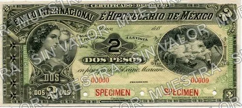 2 pesos, Banco Internacional é Hipotecario de México (M224), M224s $2 Banco Internacional é Hipotecario de México specimen, anverso