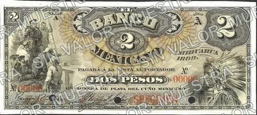 2 pesos, Banco Mexicano (M121), anverso (M121s $2 Banco Mexicano specimen)