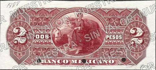 2 pesos, Banco Mexicano (M121), reverso (M121s $2 Banco Mexicano specimen)