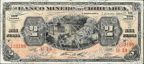 2 pesos, Banco Minero de Chihuahua (M153), anverso (M153 $2 Banco Minero de Chihuahua)