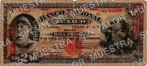 2 pesos, Banco Nacional de México (M297), anverso (M297c $2 needlepunched 'CHIHUAHUA' and overprinted 'PAGADERO EN CHIHUAHUA')