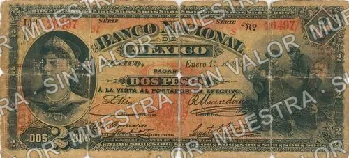 2 pesos, Banco Nacional de México (M297), M297ff $2 overprinted 'MERIDA' and needlepunched 'MERIDA, anverso