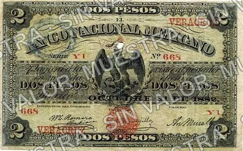 2 pesos, Banco Nacional Mexicano (M308), anverso