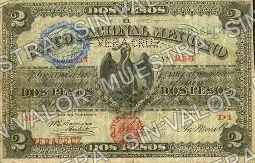2 pesos, Banco Nacional Mexicano (M308), anverso (M308b $2 Banco Nacional Mexicano overprinted 'VERACRUZ' and needlepunched 'VERACRUZ')