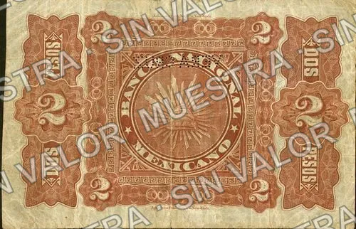 2 pesos, Banco Nacional Mexicano (M308), reverso