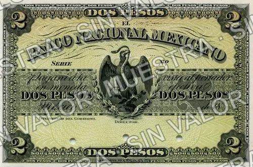 2 pesos, Banco Nacional Mexicano (M308), anverso (M308s $2 Banco Nacional Mexicano specimen)