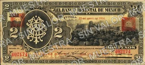 2 pesos, Banco Oriental de México (M469), anverso (M469b $2 Banco Oriental de México)