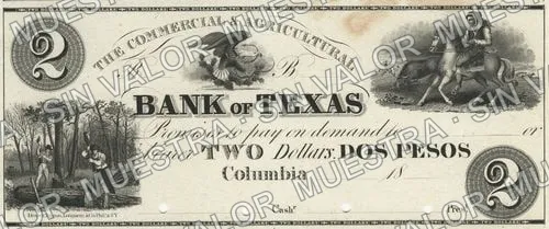 2 pesos, Commercial & Agricultural Bank of Texas proof (M180), M180 $2 Commercial & Agricultural Bank of Texas proof, anverso