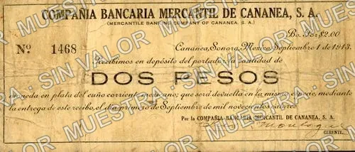 2 pesos, Compañía Bancaria Mercantil de Cananea (M3837), M3837 $2 Compañía Bancaria Mercantil de Cananea, anverso