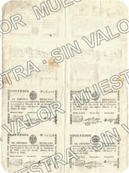 2 pesos, El Imperio Mexicano (M11), anverso (M11d $2 El Imperio Mexicano uncut sheet of four)