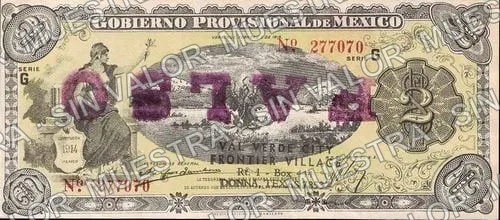 2 pesos, Gobierno Provisional de México (M3970), M3970f $2 Gobierno Provisional de México, overprinted 'FALSO', anverso
