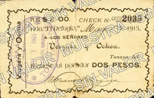 2 pesos, Hacienda El Refugio (M2734), M2734 $2 Hacienda El Refugio, anverso