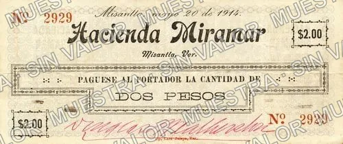 2 pesos, Hacienda Miramar (M4044), M4044 $2 Hacienda Miramar, anverso