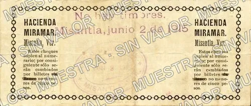 2 pesos, Hacienda Miramar (M4044), M4044 $2 Hacienda Miramar, reverso