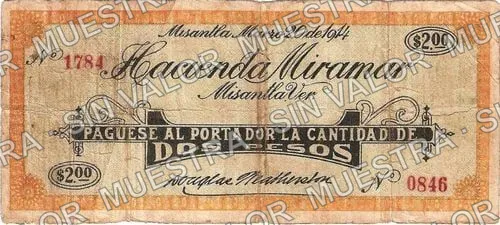 2 pesos, Hacienda Miramar (M4047), M4047 $2 Hacienda Miramar, anverso