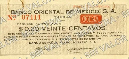 20 centavos, Banco Oriental de México (M3587), anverso