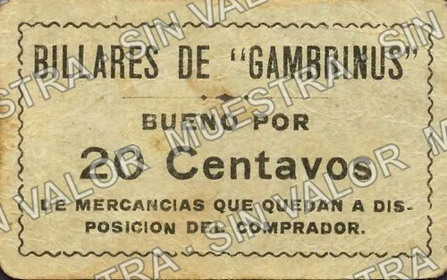 20 centavos, Billares de Gambrinus (M3691), anverso