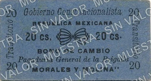 20 centavos, Brigada Morales y Molina (M1885), anverso (M1885 20c Brigada Morales y Molina)