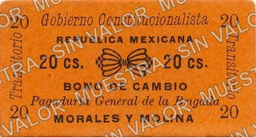 20 centavos, Brigada Morales y Molina (M1885), anverso (M1885 20c Brigada Morales y Molina)
