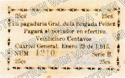 20 centavos, Brigada Peláez (M3955), anverso (M3955.5 25c Brigada Peláez)