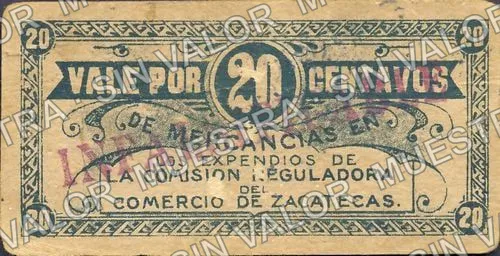 20 centavos, Comisión Reguladora del Comercio de Zacatecas (M4223), anverso