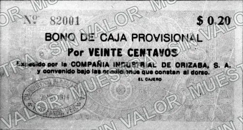 20 centavos, Compañía Industrial de Orizaba (M4077), anverso