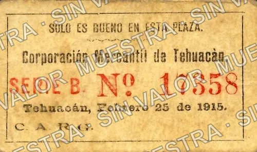 20 centavos, Corporación Mercantil de Tehuacán, C. A. R. G (M3606), M3606 20c Corporación Mercantil de Tehuacán, C. A. R. G., reverso