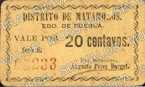 20 centavos, Distrito de Matamoros (M3551), anverso