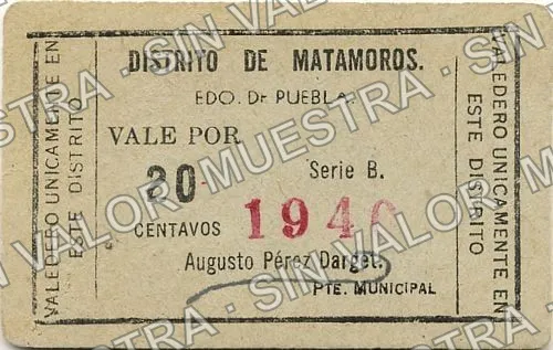 20 centavos, Distrito de Matamoros (M3560), anverso (M3560b 20c Distrito de Matamoros)