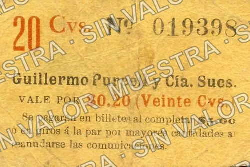 20 centavos, Guillermo Purcell y Cía. Sucs (M1153), anverso