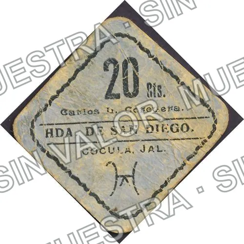 20 centavos, Hacienda de San Diego (M2452), anverso (M2452 20c Hacienda de San Diego)