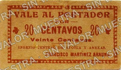 20 centavos, Ingenio Central de Ayotla (M3391), anverso