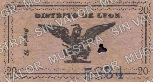 20 centavos, León simple circle around denomination (M1696), reverso (M1696c 20c León)