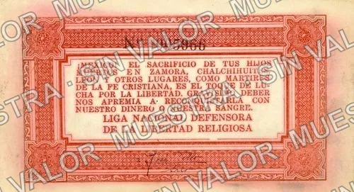20 centavos, Liga Nacional Defensora de la Libertad Religiosa (M4361), M4361a 20c Liga Nacional Defensora de la Libertad Religiosa, reverso