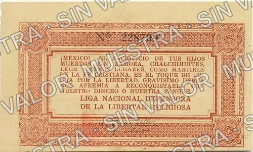 20 centavos, Liga Nacional Defensora de la Libertad Religiosa (M4361), M4361b 20c Liga Nacional Defensora de la Libertad Religiosa CONOUISTA, reverso