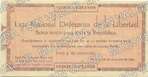 20 centavos, Liga Nacional Defensora de la Libertad Religiosa (M4378), M4378 20c Liga Nacional Defensora de la Libertad Religiosa, anverso