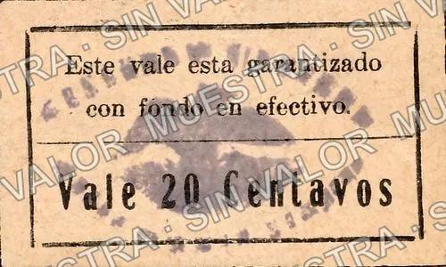 20 centavos, Municipalid de Chietla (M3539), reverso