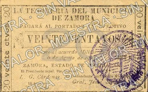 20 centavos, Tesorería del Municipio large '20' (M2945), anverso