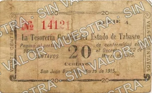20 centavos, Tesorería General, Series (M3882), anverso (M3882 20c Tesorería General, Series A)