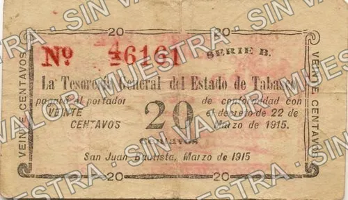 20 centavos, Tesorería General, Series (M3882), anverso (M3882 20c Tesorería General, Series)