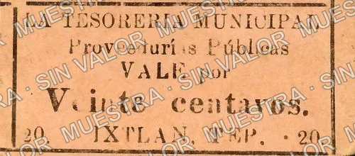 20 centavos, Tesorería Municipal, Ixtlán del Río (M3278), anverso